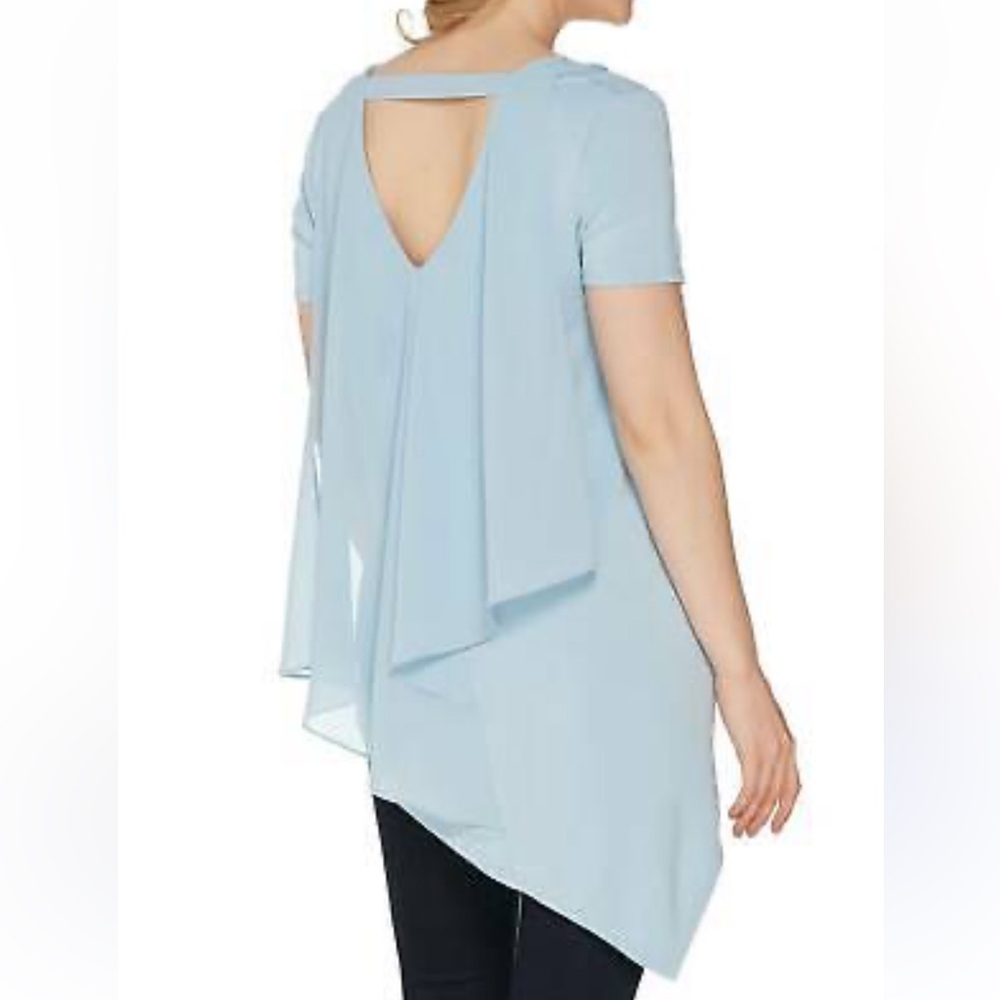 Lisa Rinna Collection V-Neck Top Chiffon Back Detail-Chambray-XL